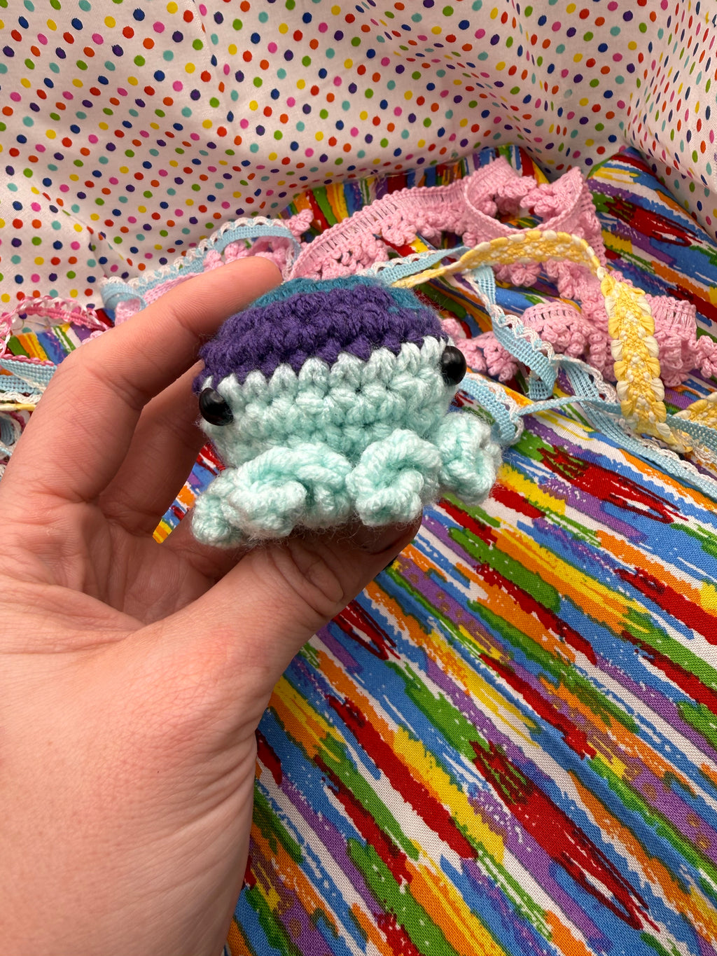 OOAK Yarn Scrap Octopus- Blue, Purple, Light Blue
