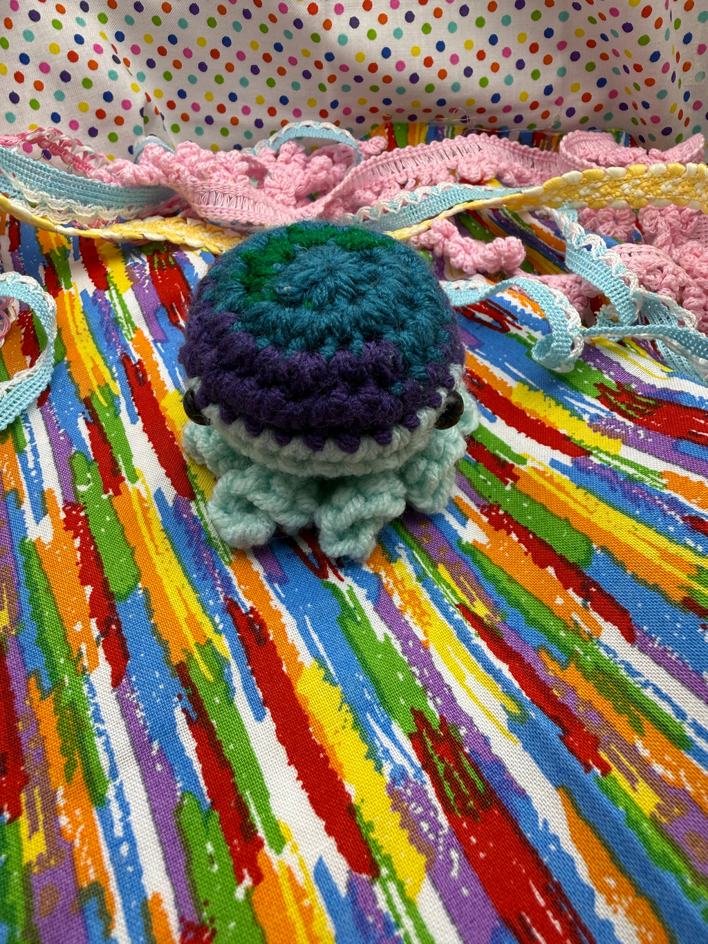 OOAK Yarn Scrap Octopus- Blue, Purple, Light Blue