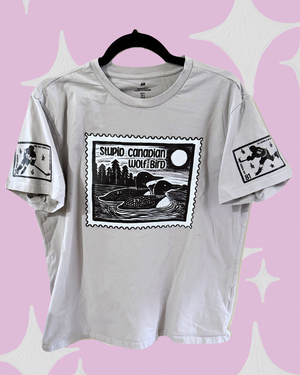 Stupid Canadian Wolf Bird with Hollanov Sleeves THRIFTED Shirt- Grey t-shirt