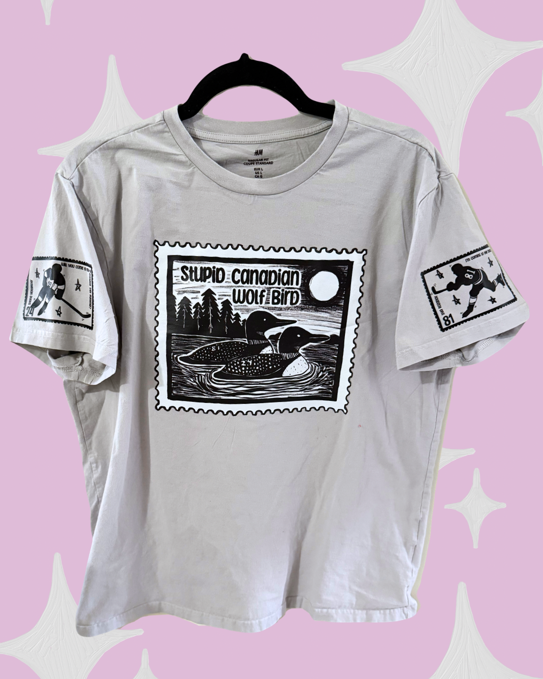 Stupid Canadian Wolf Bird with Hollanov Sleeves THRIFTED Shirt- Grey t-shirt