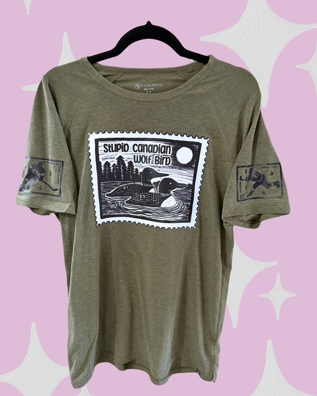 Stupid Canadian Wolf Bird with Hollanov Sleeves THRIFTED t-shirt- Green