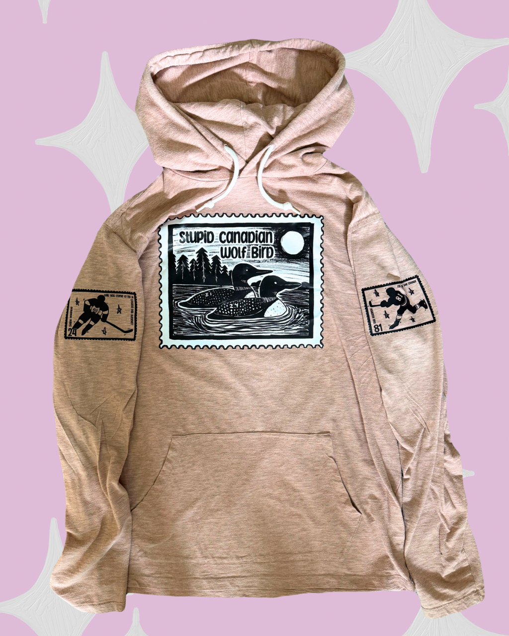 Stupid Canadian Wolf Bird with Hollanov sleeves THRIFTED sweater- light dusty pink